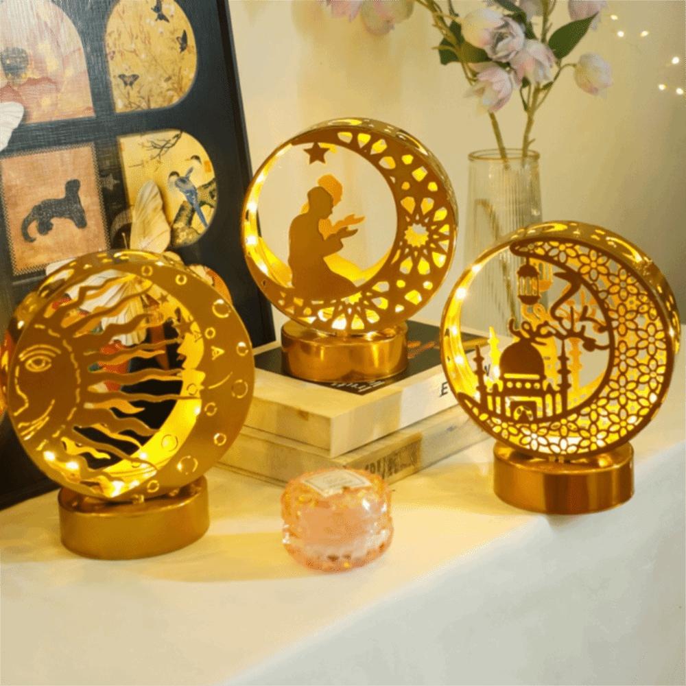 Gold Moon Castle LED Light Wrought Iron Ramadan Desk Ornament Ramadan Night Light Bedroom