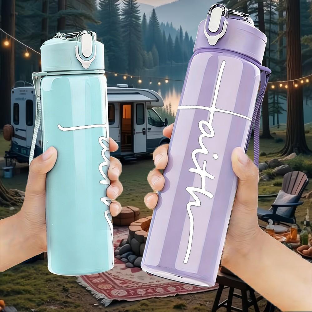 1PC Minimal Faith Cross Line Print 750ml Color Plastic Sports Water Bottle Leakproof Flip Straw Lid Suitable for Sports Office Home Use