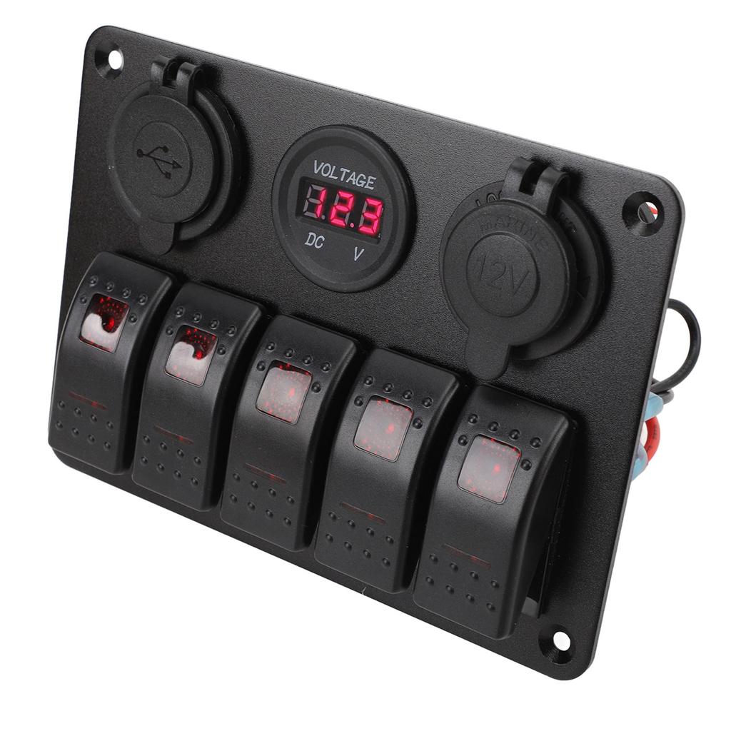 Switch Panel DC 12 to 24V 5 Gang Aluminum Alloy IP65 Water Resistant Prewired Rocker Switch Panel with Dual USB Cigar