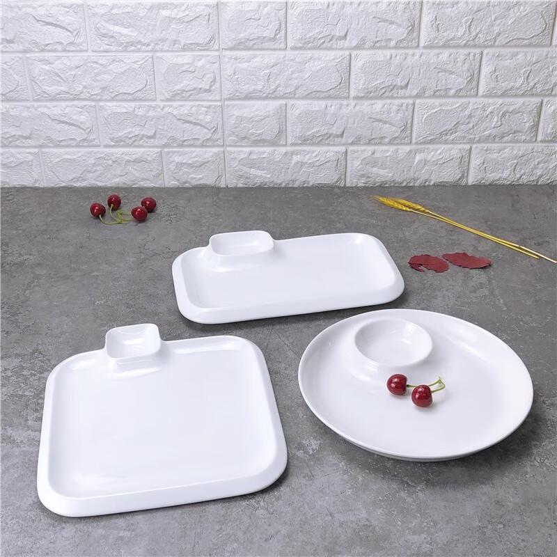 10-inch White Ceramic Square Dumpling Plate with Vinegar Dish
