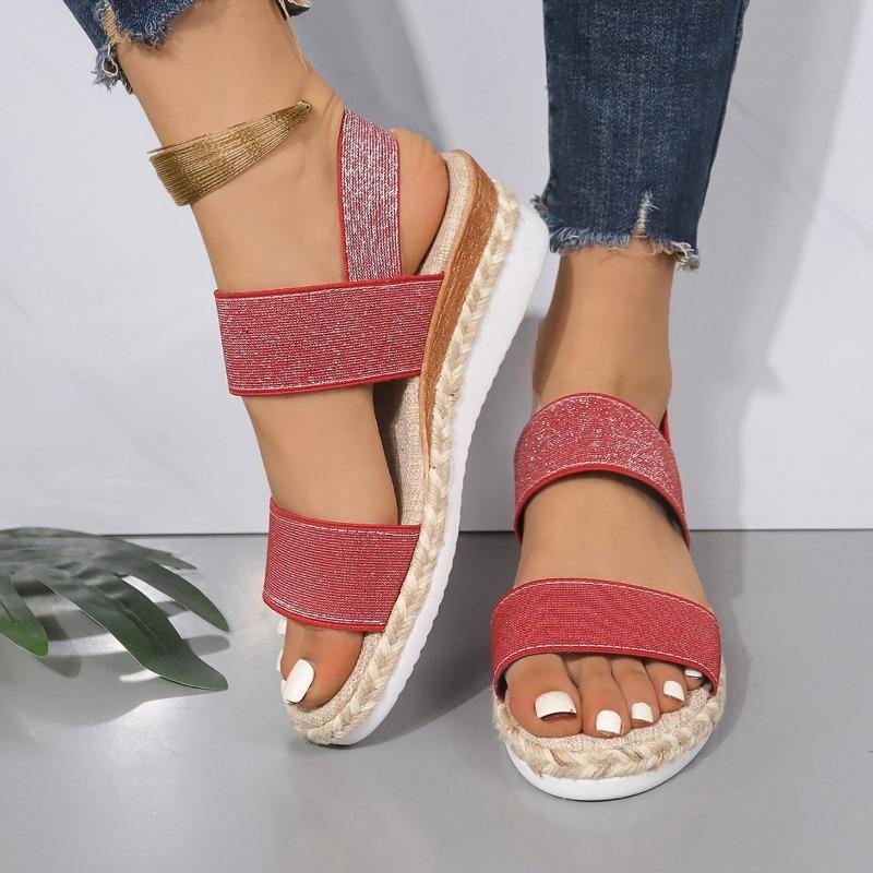 2024 Summer Women's Fashion Trend Non-slip Wear-resistant Comfortable Hemp Rope Sole Stretch Fabric Sequined Flat Sandals