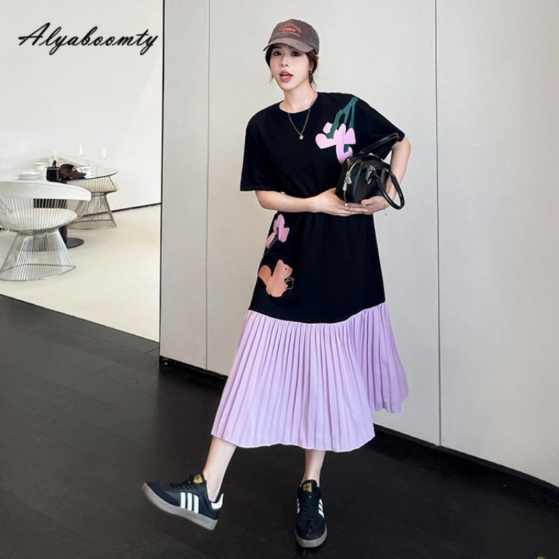 Korean Fashion Plus Size Summer Women Feminine Dress Brief O Neck Contrast Color Print Dress Short Sleeve Pleated Midi Oversized Dress