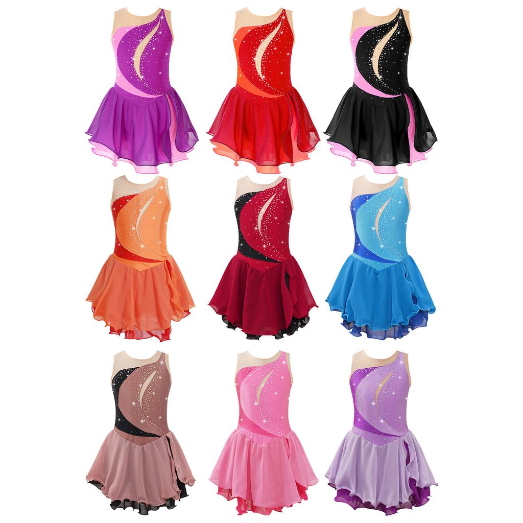 Kids Girls Ice Figure Skating Dress Sleeveless Rhinestone Competition Costumes Ballet Dance Tutu Skirt