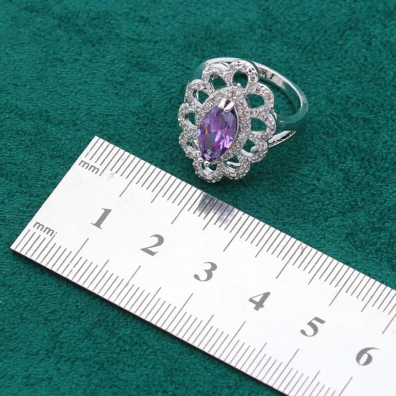 Фиолетовый аметист серебро 925 пробы комплект ювелирных изделий для женщин серьги ожерелье кулон кольцо браслет вечерние подарок на день рождения