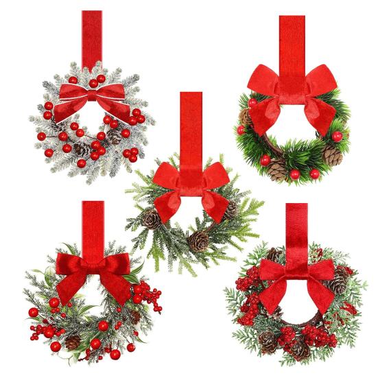 Мини Рождественский Венок с Бантом из Красного Бархата Декор Дверцы Шкафа для Кухни Окна Фермерского Дома Входной Двери Стены Камина Ягодная Гирлянда