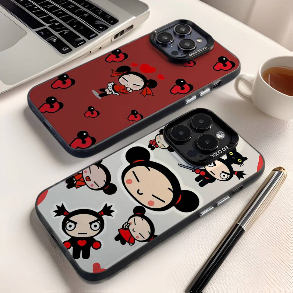 Милый чехол для телефона Pucca с сердечками для iPhone 16,15,14,13,12,11,8,7, Pro, Max, Plus, Mini, XS, SE, противоударный, черный, матовый, жесткий