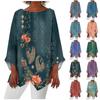 Women's Fashion Retro Print Round Neck Nine Quarter Sleeve Irregular Hem T-shirt Top