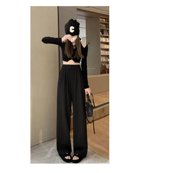 Спортивные брюки с высокой талией и ремешками 2023 года: Весна/Осень, облегающий крой, широкие штанины, повседневный тренд для женщин