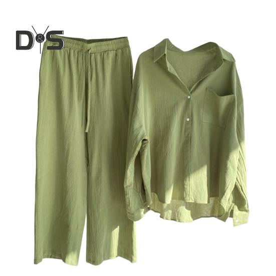 Женский комплект из двух предметов: рубашка с длинным рукавом и застегнутая на пуговицы рубашка с широкими брюками повседневный хлопковый домашний костюм на весну и лето