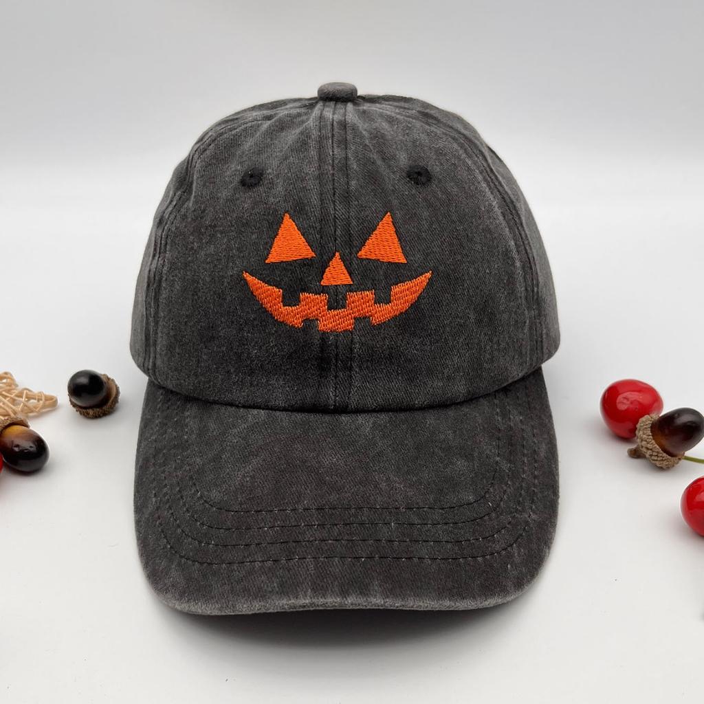 Washed cotton unisex casual baseball cap with embroidered Halloween pumpkin smiley face