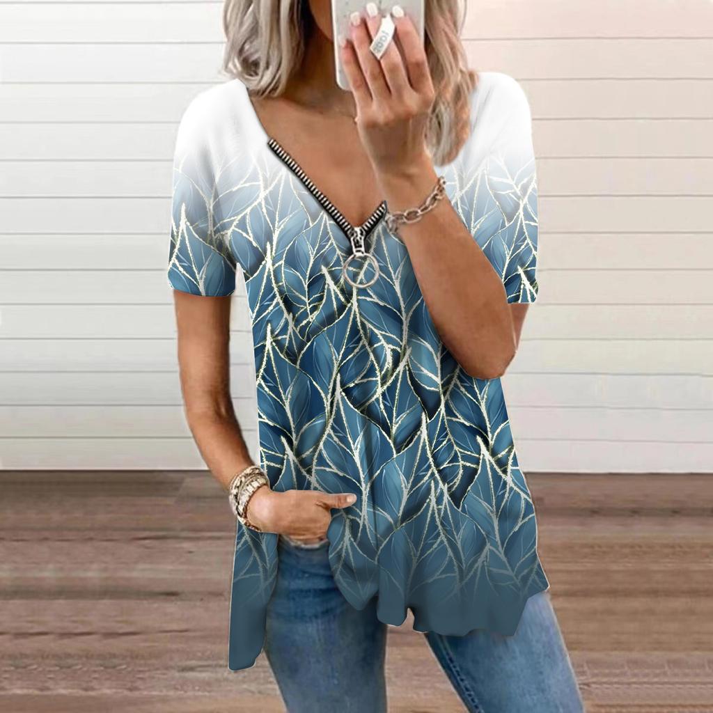 Женский топ, летний новый модный белый топ с изогнутыми цветами и принтом, повседневный топ на молнии с v-образным вырезом и короткими рукавами