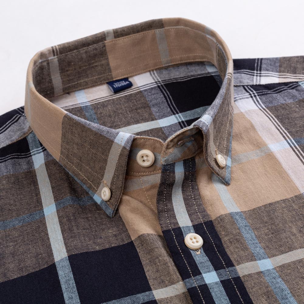 Men's Classic Fit Casual Plaid Linen Cotton Shirt Single Pocket Button-down Comfortable Soft Long Sleeve Stripe Checked Shirts