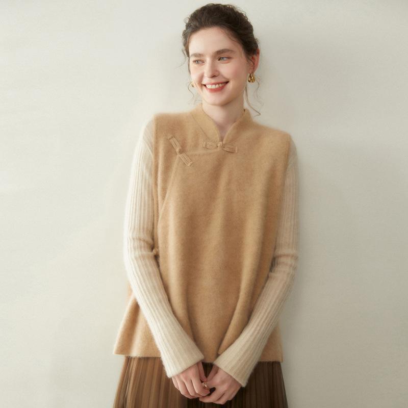 Women's Cashmere Knit Shawl Vest - Autumn/Winter Chinese Style with Slanted Lapel and Elegant Design