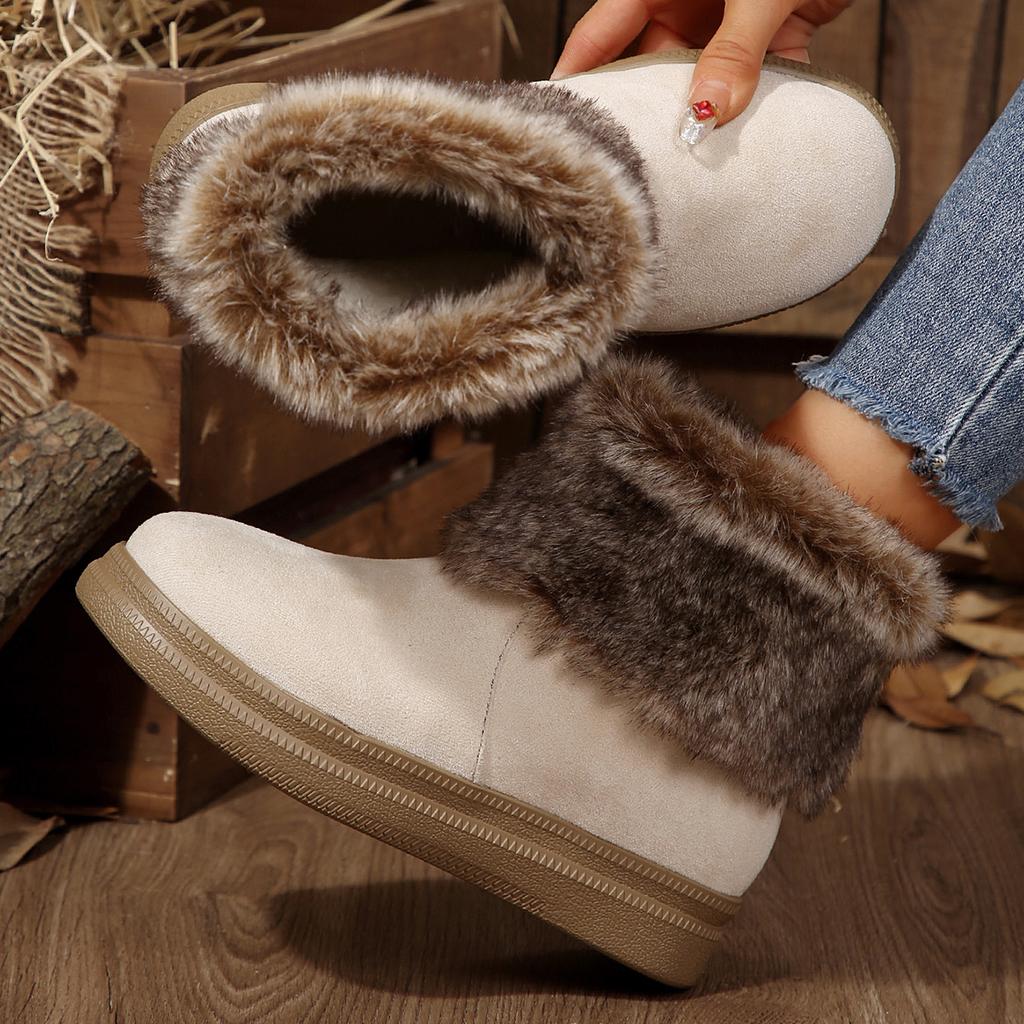 Fashion Shoes for Women Winter New Slip On Women Boots Round Toe Solid Flock Plush Warm Mid Heel Casual Snow Boots Women Botas De Mujer