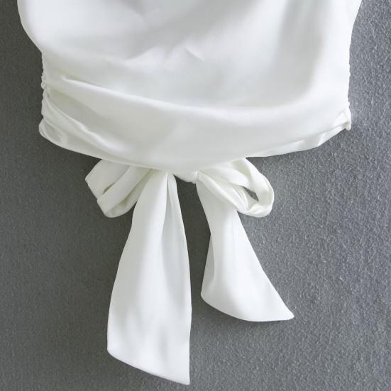 Women Summer Vest Round Neck Sleeveless Backless Smooth Satin Texture Vest Top with Bow Tie Closure Tank Tops