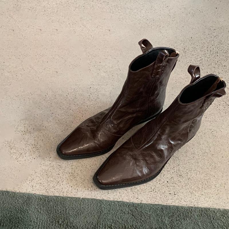 Версия из овчины~ женские ковбойские ботинки с острым V-образным вырезом, ботильоны Челси в стиле ретро с плиссировкой, на толстом каблуке, кожаные короткие ботинки