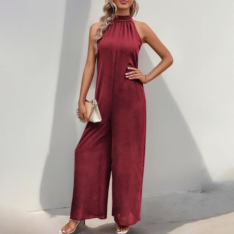 Women's New Party Casual Jumpsuit High Neck Hanging Neck Solid Colour Wide Leg Jumpsuit Trousers
