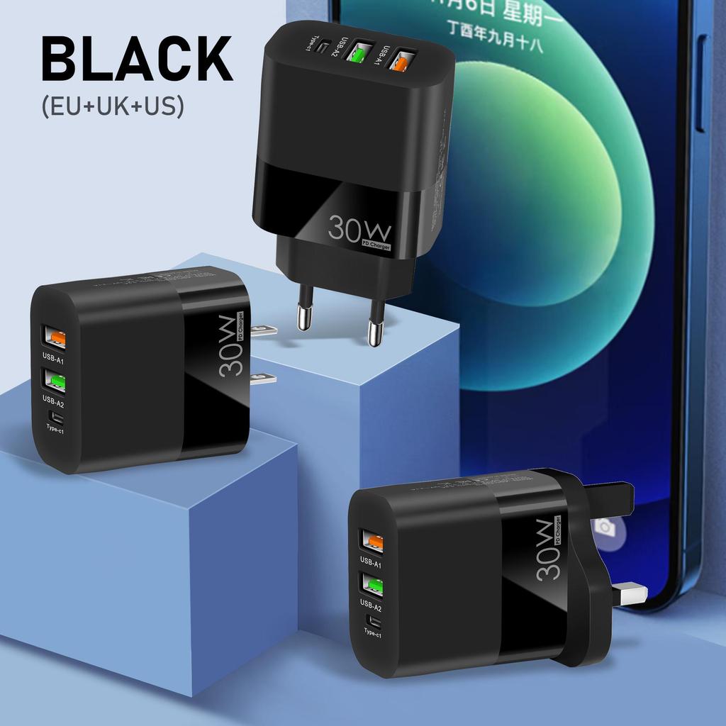 Многопортовое зарядное устройство QC3.0: 2A+C, PD30W, Европейский стандарт, Быстрая зарядка, Мультипротокол