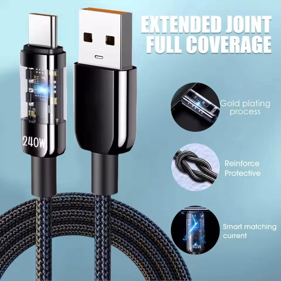 240W Nylon Cable USB Type C Super Fast Charging Cable For Samsung Huawei Honor LED Digital Display Fast Charger Data Cord
