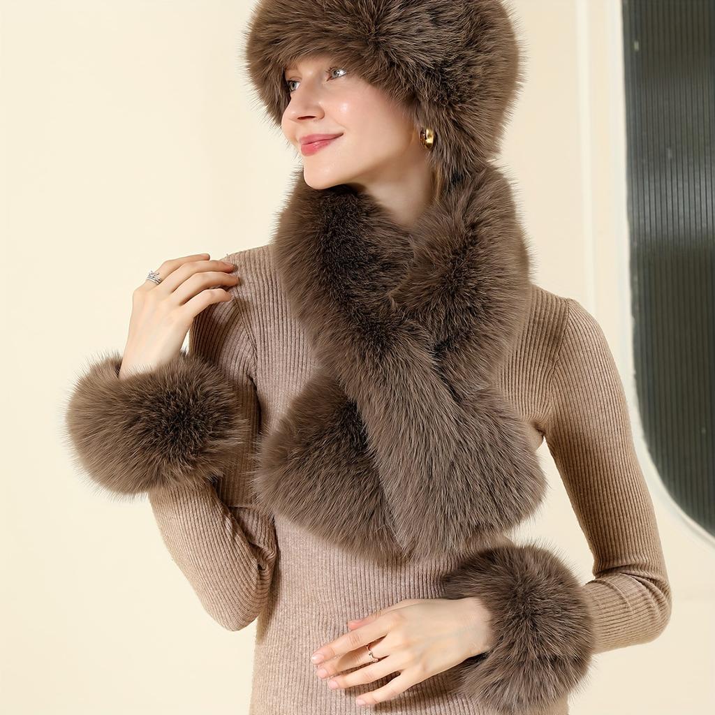 Fashionable 3-Piece Women's Solid Color Faux Fur Headband, Neck Scarf, and Wrist Cuff Set, Cozy Polyester Fiber Accessories Kit