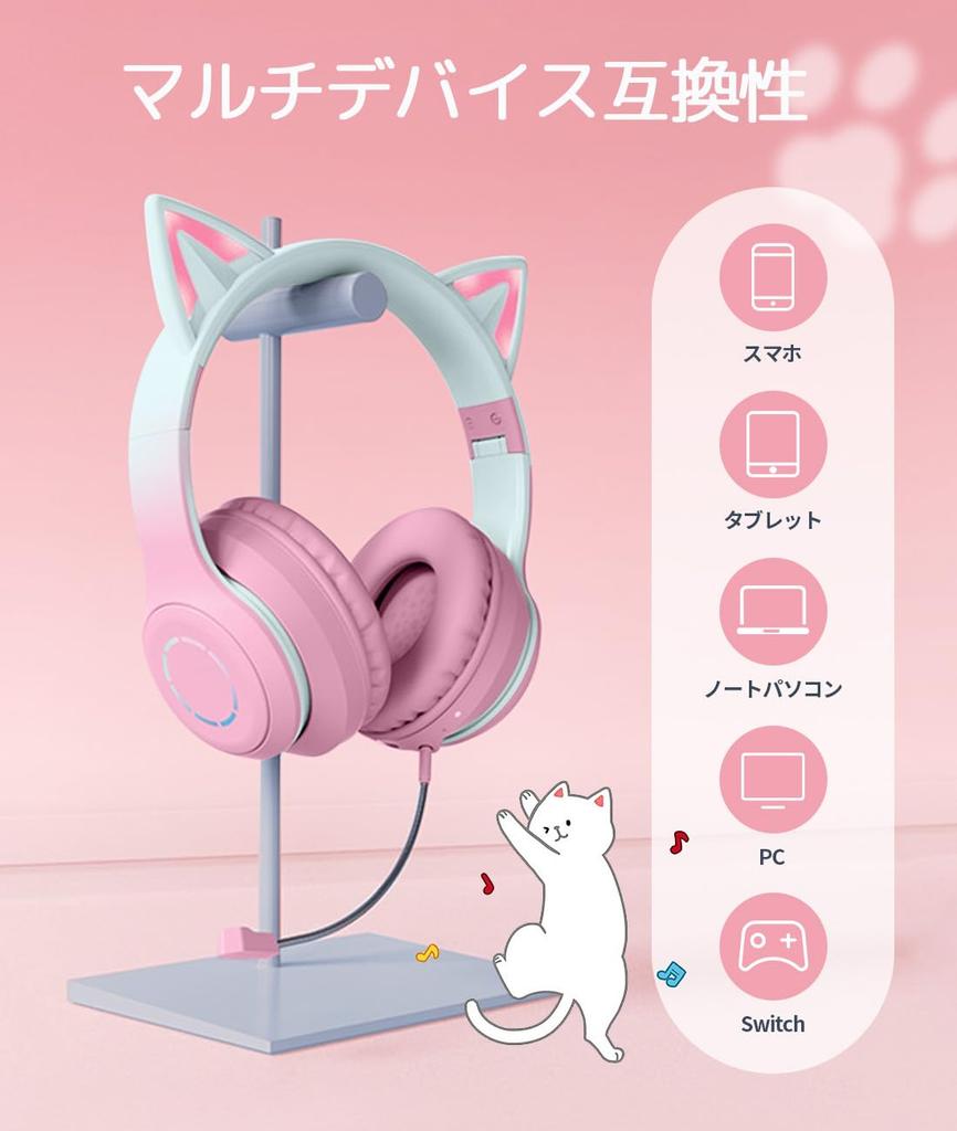 Cute Cat Ear Headphones for Kids, Bluetooth 5.1, with LED, Rainbow Color Transformation, Wireless, and Microphone, Closed-Back Design, Cute,
