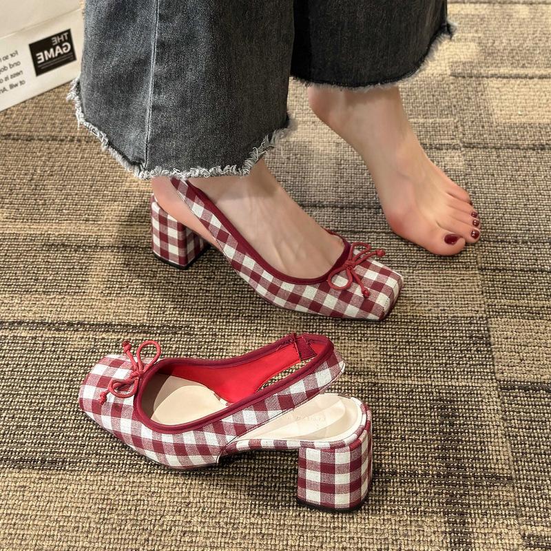 Модная клетчатая обувь для женщин с квадратным носком и толстым каблуком 2025 Новые сандалии-босоножки на высоком каблуке с квадратным носком и бантом для женщин Sandalias