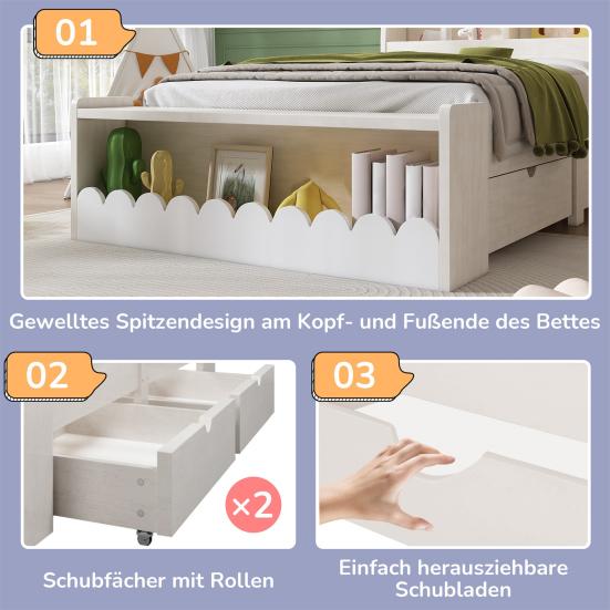 Kids Bed Children Single Storage with Drawers Shelf And Bench Space Wooden Wood 90x200cm Frame Slatted Made of Wood White Oak Color (Without