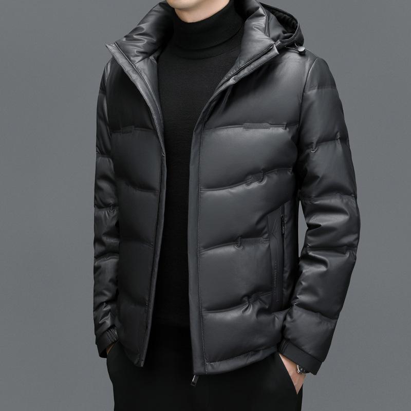 Haining Men's Sheepskin Medium and Long Hooded White Duck Down Casual Down Jacket Warm Leather Jacket Jacket Winter