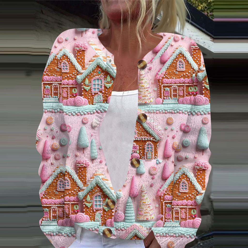 Women's Fashion Christmas Printed Long Sleeve Knitted Cardigan Button Down Jacket