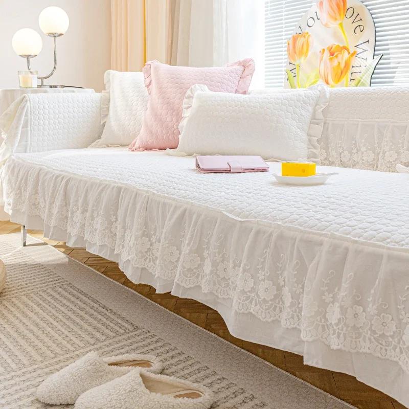 1PC Thicken Cotton Sofa Seat Cover with Lace Embroidery Sofa Cushion Mat Living Room Couch Slipcover Furniture Protector Decor