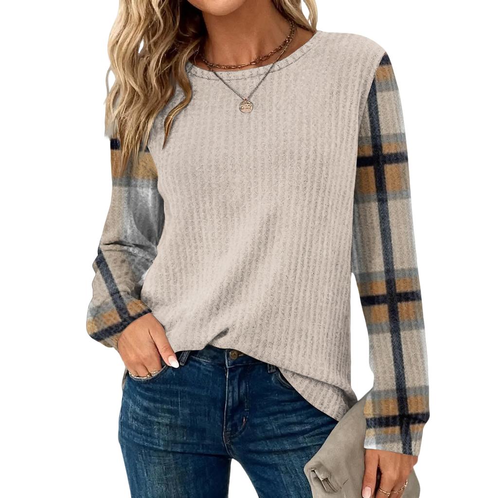 Женский повседневный топ свободного кроя с круглым вырезом и длинными рукавами в клетку