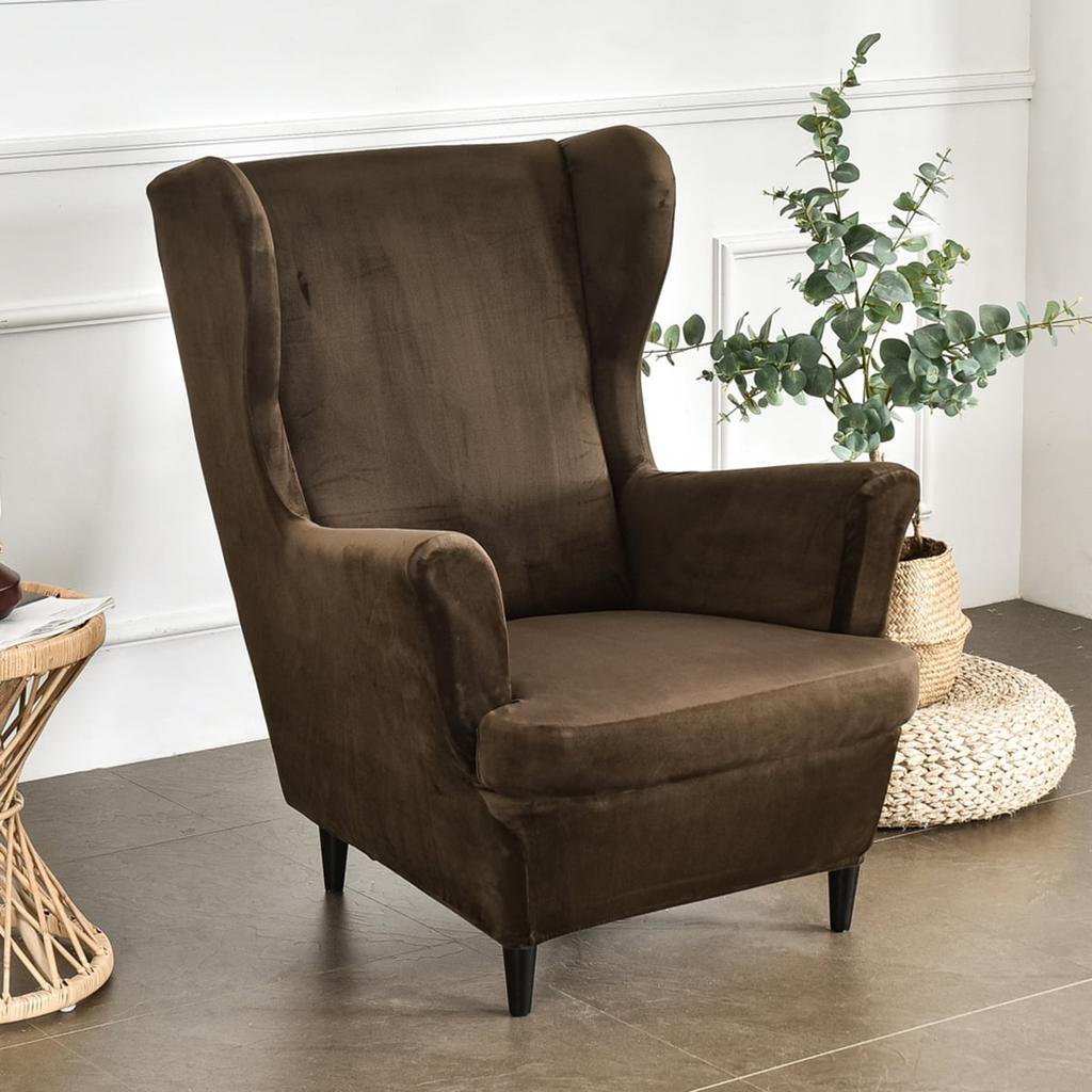 2-Piece Stretch Wingback Chair Covers, Non-Slip Velvet Chair Slipcovers, Soft Wingchair Protector for Living Room