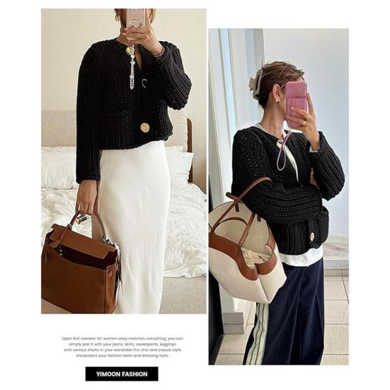 Вязаный укороченный кардиган, свитер с V-образным вырезом, длинным рукавом, на пуговицах, свободный крой, свитер, пальто с карманами, однотонный трикотаж