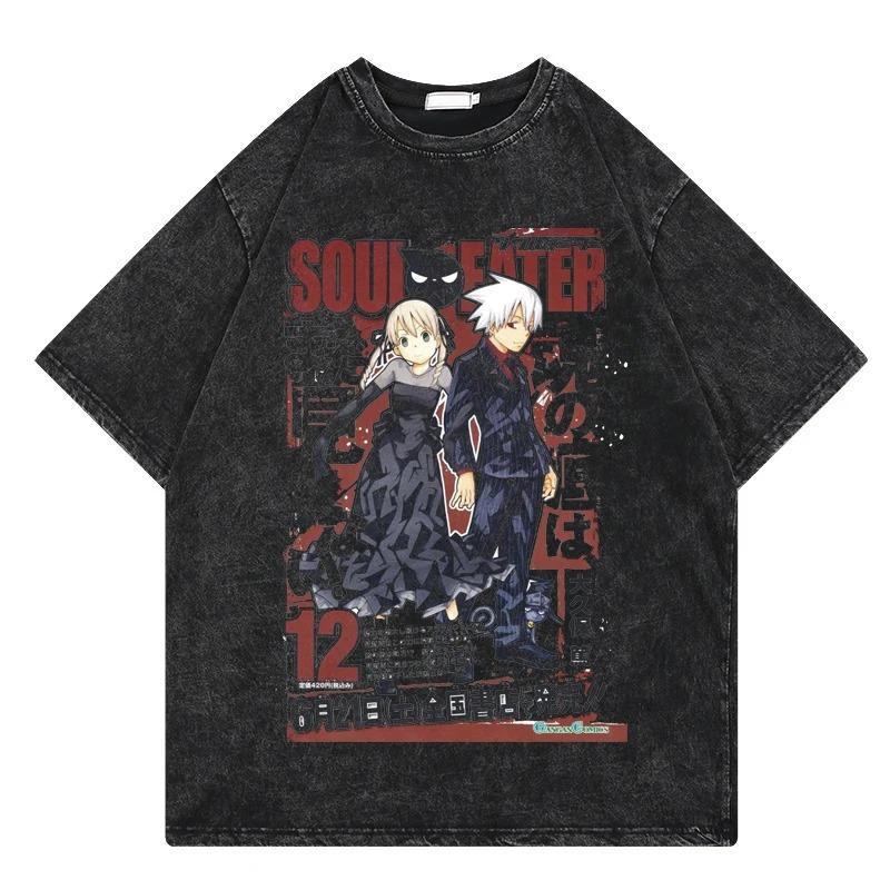 Футболка Soul Eater Винтажная стираная футболка Аниме Печать Графика Уличная одежда Хип-хоп Свободная футболка Y2k Летняя повседневная хлопковая футболка