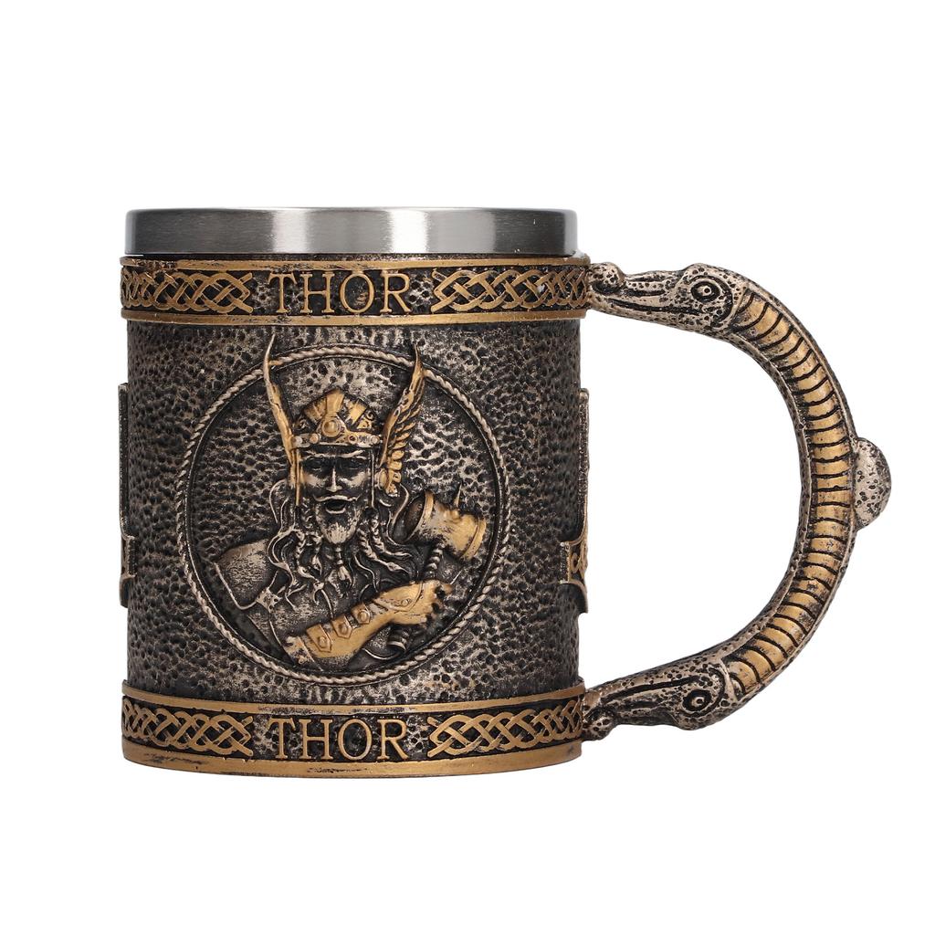 Stainless Steel Liner Mug Hand Painted Decorative Retro Medieval Resin Mug Beer Cup for Home Bar