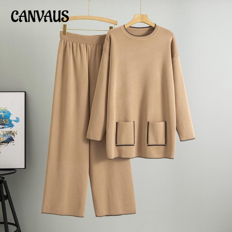 Плюс Размер Женская Весна Новый Трикотажный Модный Длинный Свитер Свободный Комплект Из Двух Частей
