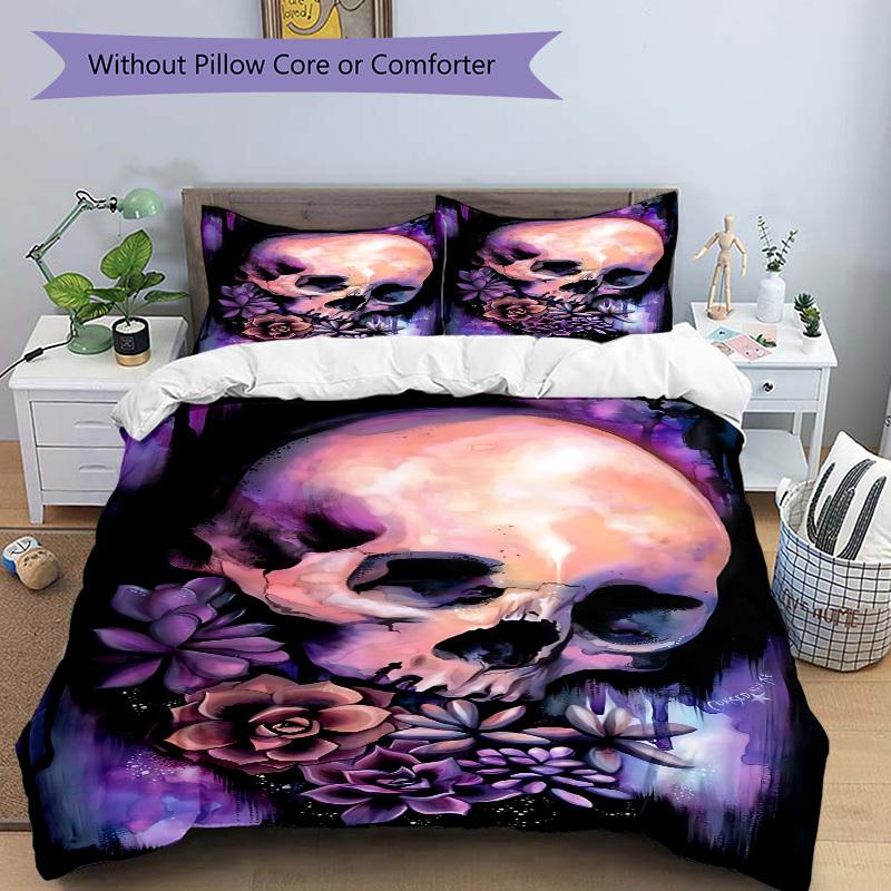 3pcs Skull Flowers Duvet Cover Set, Cover For Bedroom Guest Room (1 Duvet Cover + 2 Pillowcase, Without Quilt), yy250922193