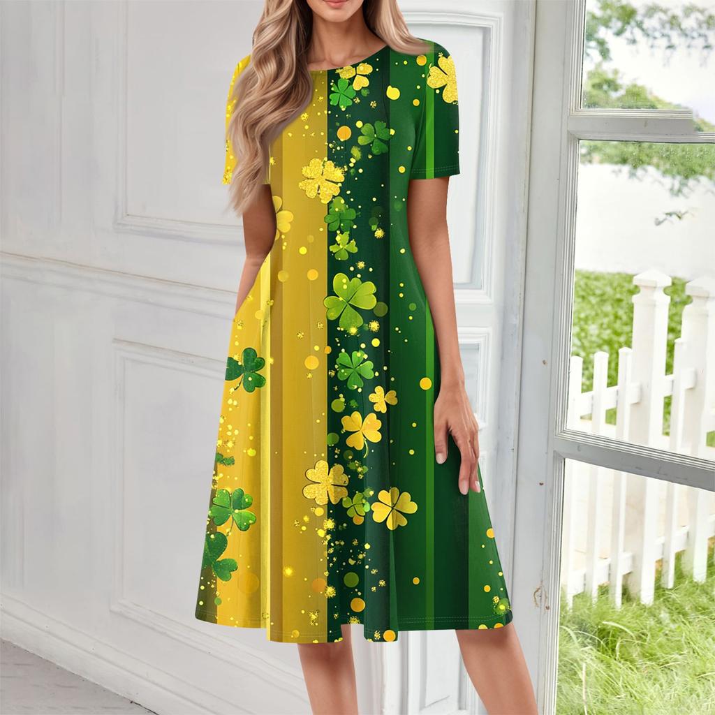 Женское повседневное модное платье миди с круглым вырезом и коротким рукавом с принтом