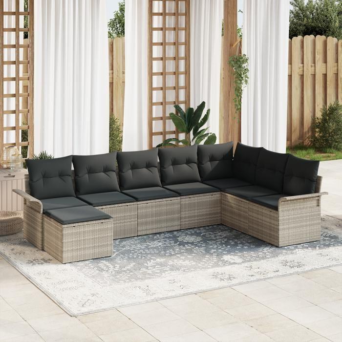 VidaXL 8-piece Garden Sofa Set with Light Grey Cushions Poly Rattan 3345482
