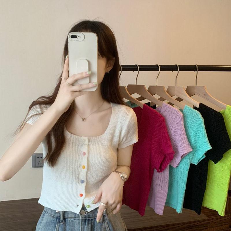 Элегантный и тонкий квадратный вырез, радужная однобортная рубашка, летний свитер с короткими рукавами, футболка с короткими рукавами