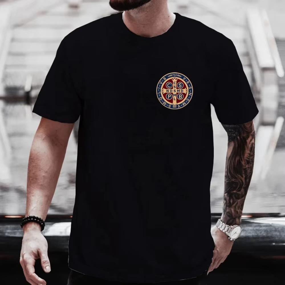 Футболка-пуловер с изображением католической медали Святого Бенедикта, мужская и женская повседневная хлопковая футболка с принтом, винтажная футболка Harajuku Oversize