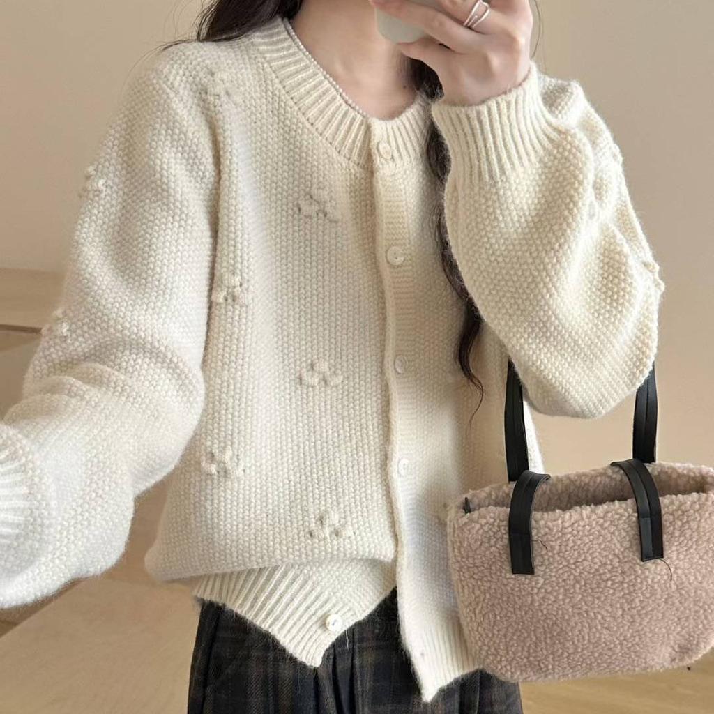 Осень и Зима Новинка Японский Ретро Тяжелая Промышленность Трехмерный Цветок Вязаный Кардиган Женский Нежный Стиль Свободный и Стройнящий Свитер Куртка