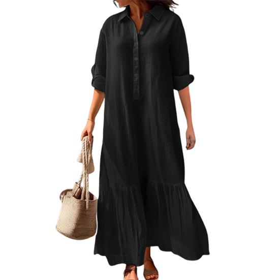 Женское хлопковое льняное платье-рубашка с длинным рукавом и V-образным вырезом на пуговицах, повседневное струящееся длинное платье больших размеров