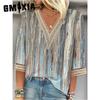 Fashion Women's Loose Multi-color Floral Print Lace Mid-sleeve V-neck T-shirt