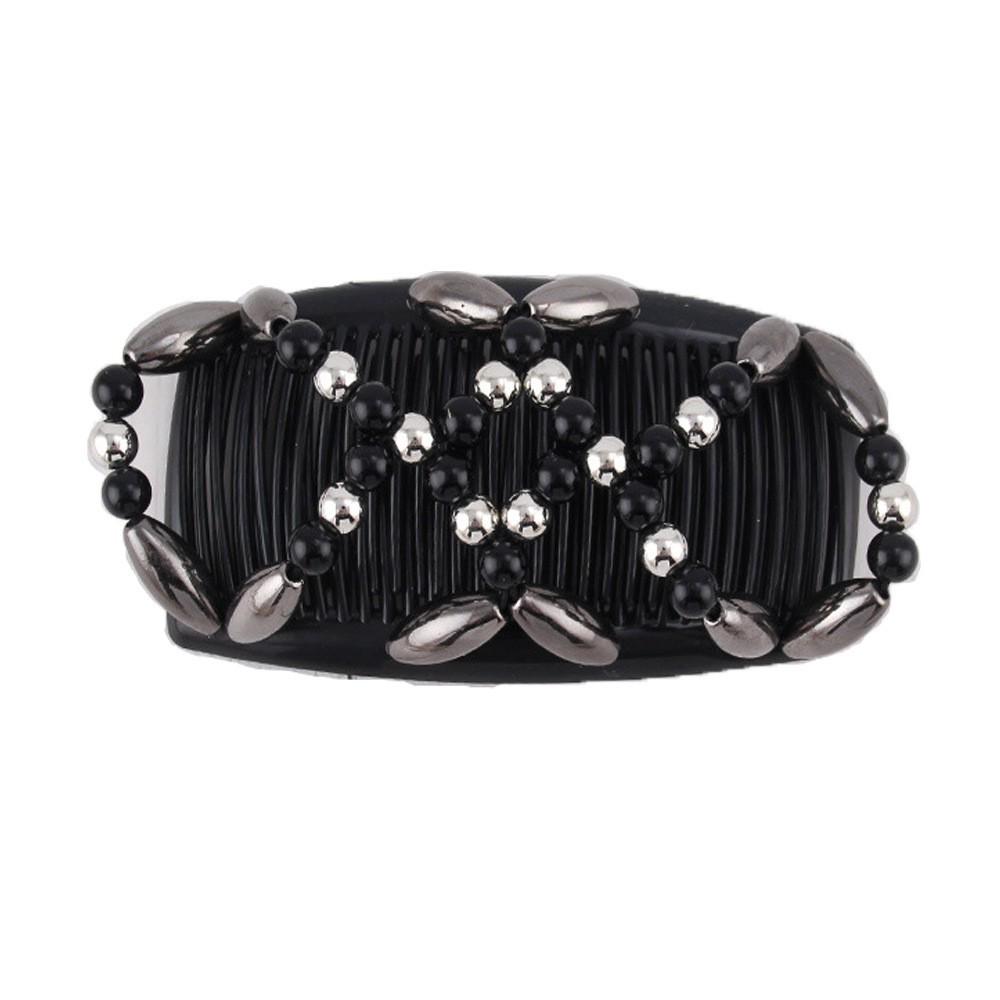 Большой ручной эластичный гребень для волос с бусинами и цветочным украшением - Универсальный двухрядный вкладыш для укладки и создания пучков