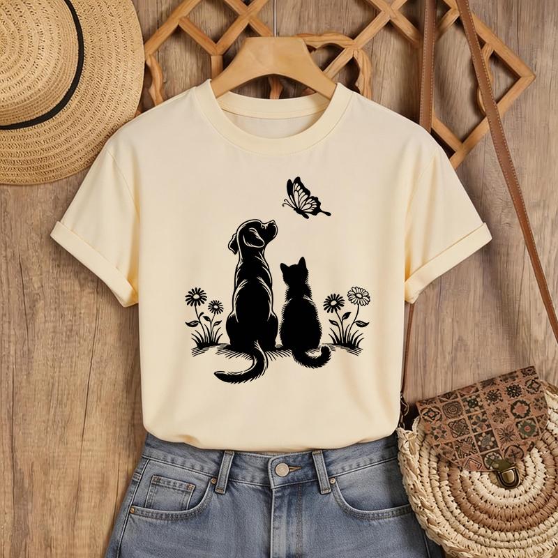 Featuring Silhouettes Of Cats And Dogs Observing Butterfliest Shirt For Unisex Crew Neck Short Sleeve Tshirt Y2k Tee Tops Clothes