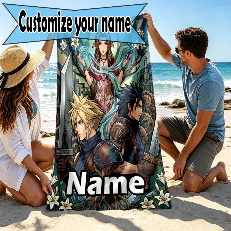 Custom Name Personalized Final Fantasy Print Beach Towel, for Trip Camping Beach Party Home Decor, Birthday Gift for Family & Friends