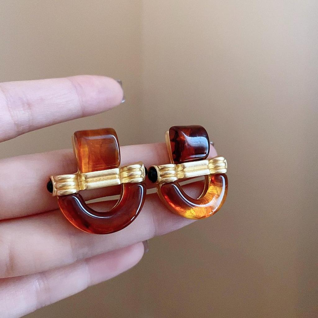 Серьги-пусеты неправильной формы коричневого цвета 'Серебряная игла' - Французская легкая роскошь, ретро, нишевые, высококлассные украшения для женщин.