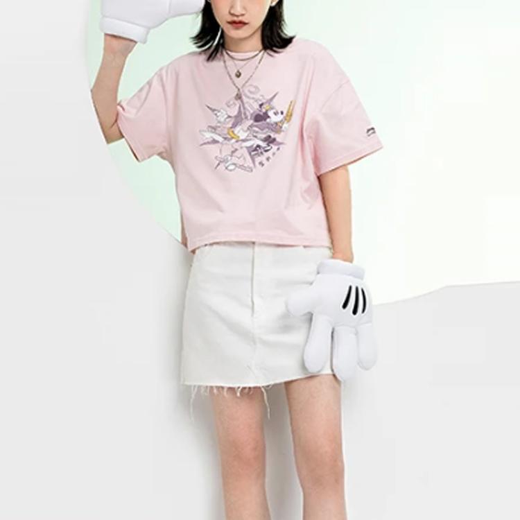 Свободная футболка с круглым вырезом и короткими рукавами Li Ning x Disney, женские топы розового цвета AHSR208-2