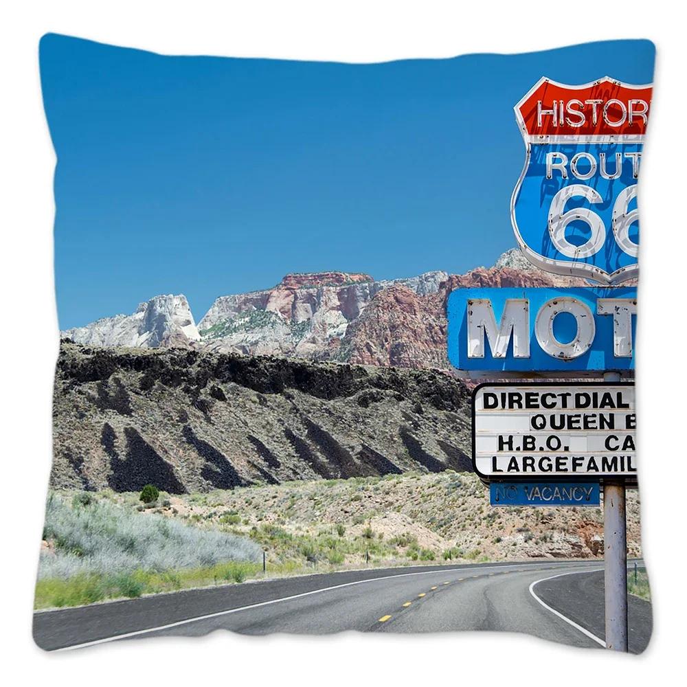 Наволочка Route 66 Retro, украшение для дома, полиэстер, наволочка для дивана, наволочка для автомобиля, натуральный пейзаж, Funda Cojin